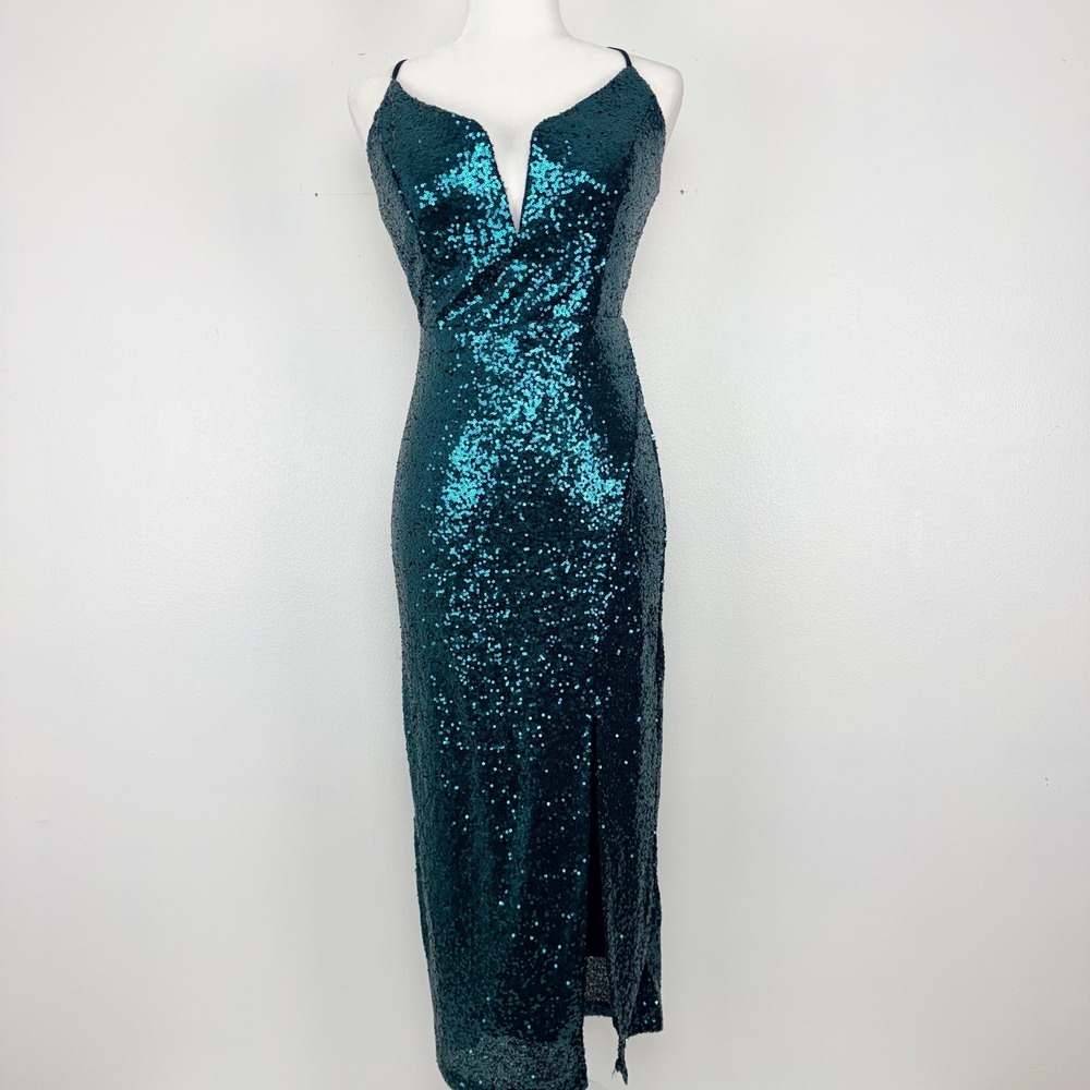 NWT Lulus Sequin Midi Dress‎ XL Teal Lace Up Back Sparkling Party Prom Stretch - Picture 2 of 14